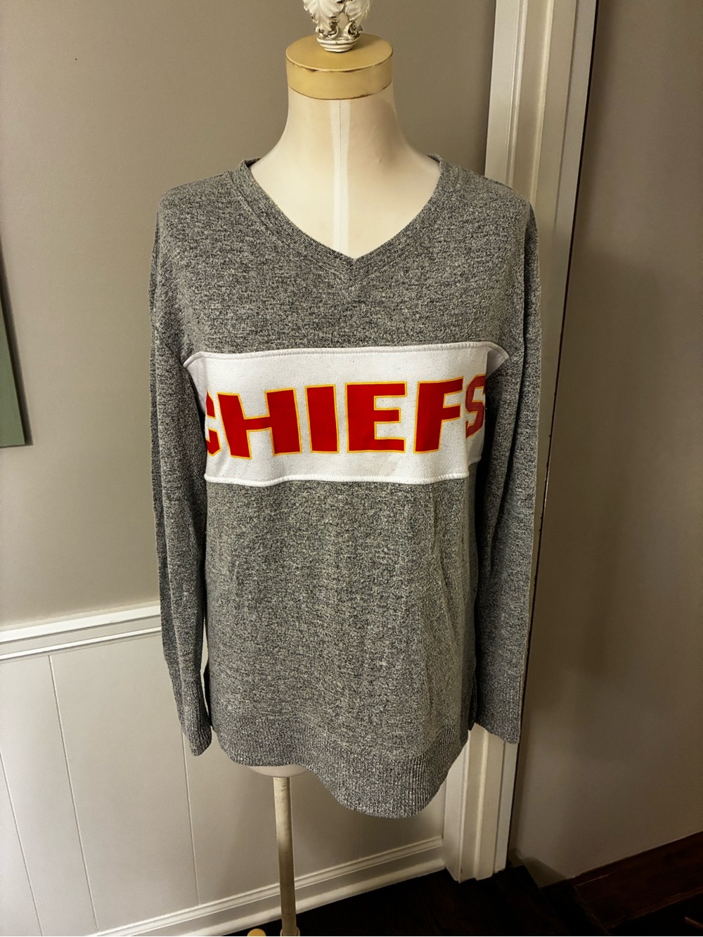 NFL Gray V-Neck Sweater with White Panel and Red/Yellow Kansas City Chiefs Logo